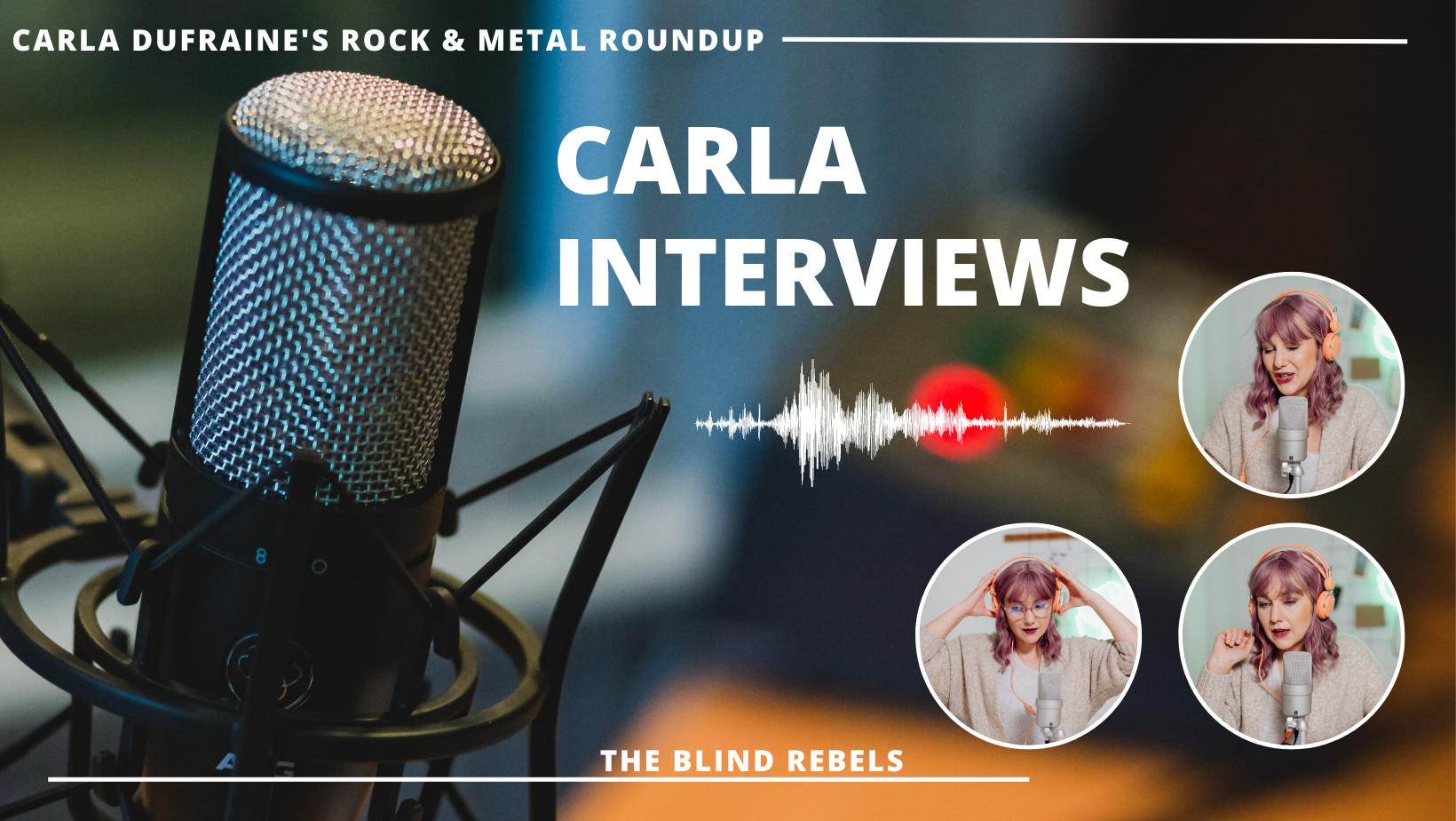 A microphone, and small pictures of fictional rock blogger Carla Dufraine